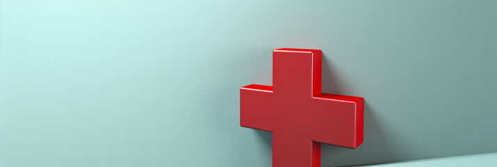minimalist panoramic wallpaper of a single red cross, against a soothing gradient background, symbolizing healthcare