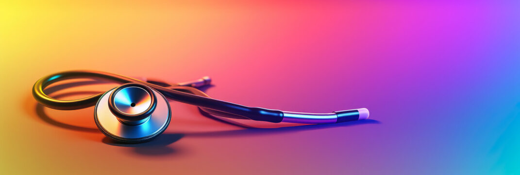 simplified panoramic wallpaper of a stylized stethoscope, against a soothing gradient background, symbolizing general medicine