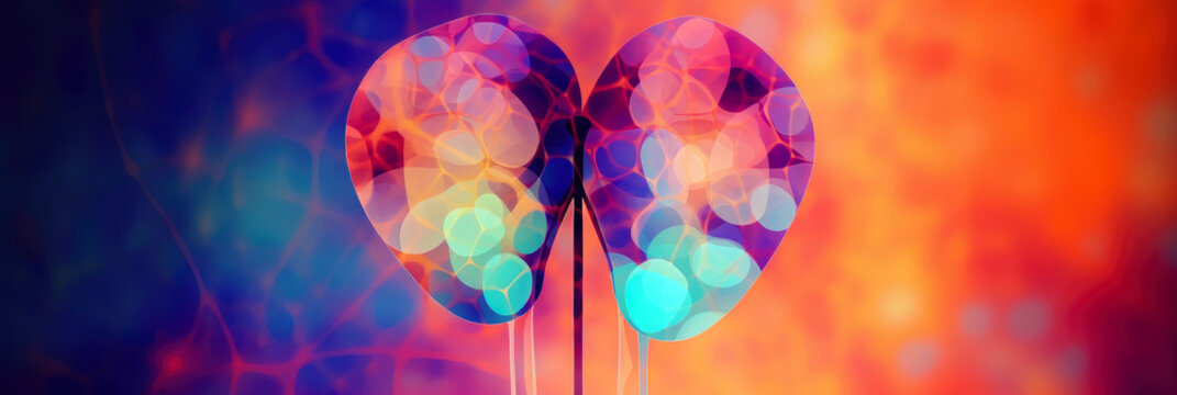 abstract panoramic wallpaper of a stylized human kidney made from digital pixels, against a vibrant gradient background, symbolizing nephrology
