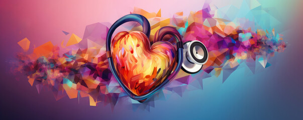 Stylized stethoscope in shape of a heart on a pulsing, colorful background