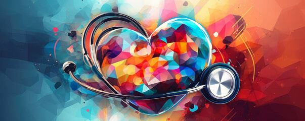Stylized stethoscope in shape of a heart on a pulsing, colorful background - obrazy, fototapety, plakaty