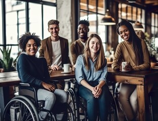 two young college women in wheelchairs pose with their diverse classmates