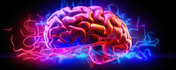 Fototapeta premium Abstract portrayal of human brain in shining neon light, showing left and right hemisphere