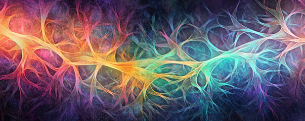 Abstract artistic rendition of a neuron in multicolor psychedelic pattern - obrazy, fototapety, plakaty