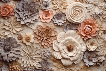Boho wall texture, pastel earthy colors, brown flowers. AI generative