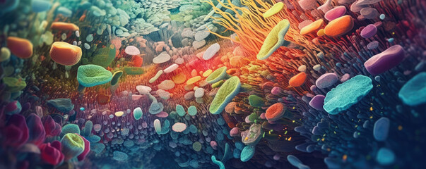 Colorful depiction of bacteria viewed under a microscope, emphasizing the diverse world of microbiology - obrazy, fototapety, plakaty