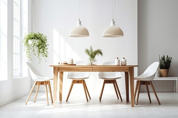 White room with wooden table and chairs. Generative AI