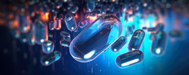 Pharmaceutical capsules floating in abstract space, illustrating the concept of drug discovery