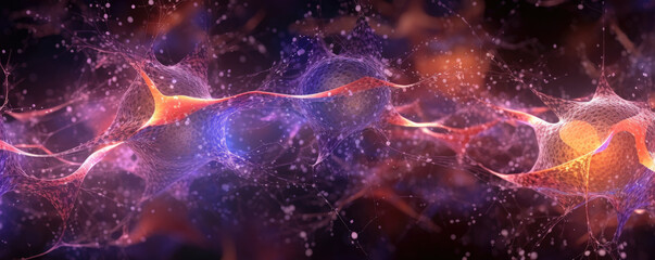 Wide-screen view of abstract interpretation of neurons interconnected, portraying cognitive science