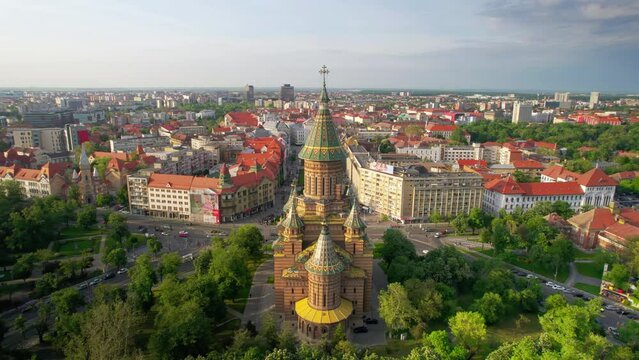 Aerial drone view of Timisoara, Romania. View of the Orthodox Cathedral with historical buildings and greenery around
