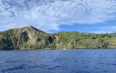 Pitcairn island. South Pacific Ocean. The last of the British territories in the South Pacific. Between history, nature and landscape. isiting locals on a cruise ship.
