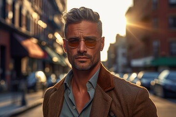 Obraz premium A close - up portrait of a confident and stylish man in a trendy urban setting. Generative AI
