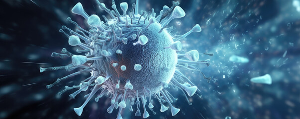 Wide-screen illustration of stylized virus particle in icy blue and white tones