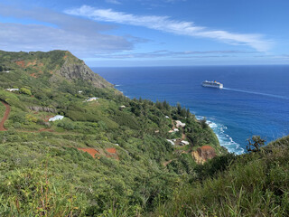 Pitcairn island. South Pacific Ocean. The last of the British territories in the South Pacific. Between history, nature and landscape. isiting locals on a cruise ship.
