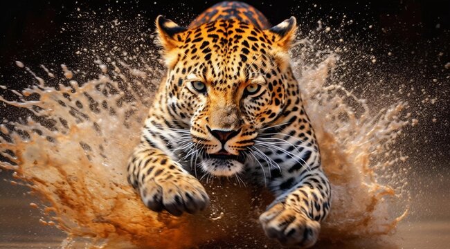 Ferocious beast run towards the camera in the water, water splashes, AI generated