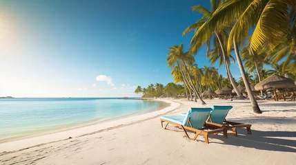 Foto op Plexiglas Palm trees with sun loungers on the caribbean tropical beach saona island dominican republic vacation travel background Generative AI © MUCHIB