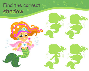 Find the correct shadow cute mermaid vector illustration