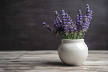 white vase with lavender on a wooden table. Generative AI