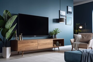 With a TV mounted on a cabinet in a contemporary living room and a blue wall backdrop as a backdrop,. Generative AI