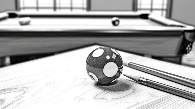Pen and ink Illustration, billiard ball, vector, clean lines, coloring page style Generative AI
