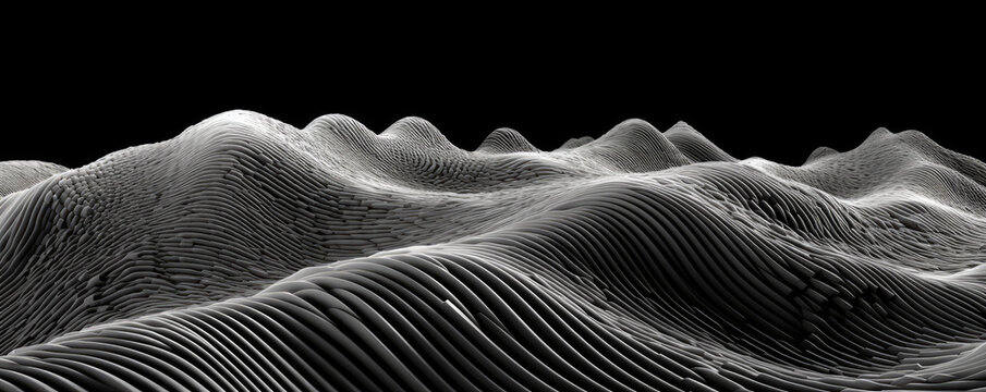 Abstract panoramic visualization of pulsating sound waves resembling a heartbeat, rendered in stark black and white