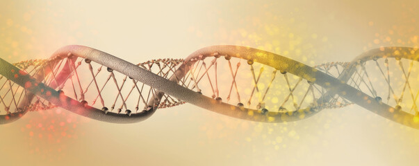 Wide, panoramic display of an abstract DNA double helix in minimalist design against a soothing, pastel yellow background