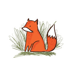 Cute sketch hand drawn vector orange fox sitting in green grass illustration. Bright cartoon childish funny animal for kids print design, textile decoration, greeting cards, print, stickers, logo