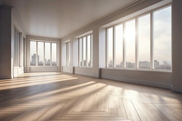White walls, a parquet floor, a large panoramic window, and sunlight fill an empty space. Generative AI