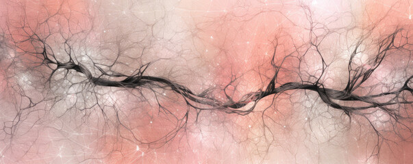 Wide panoramic view of minimalist stylized neurons interconnected, presented in soothing pastel pink tones