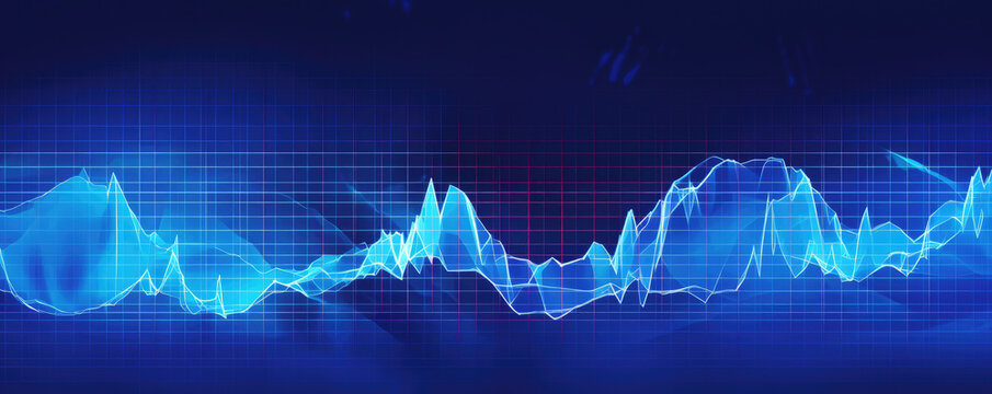 Abstract panoramic representation of an ECG heartbeat in a minimalist, line-art style against a rich royal blue background