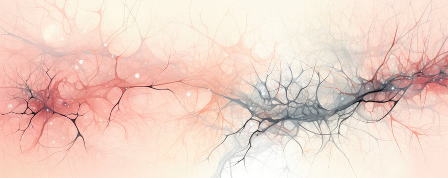 Wide panoramic view of minimalist stylized neurons interconnected, presented in soothing pastel pink tones