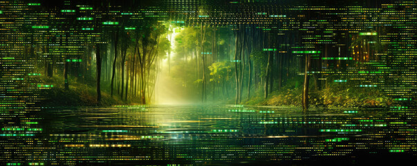 Wide, panoramic depiction of a binary code river streaming in vibrant green hues
