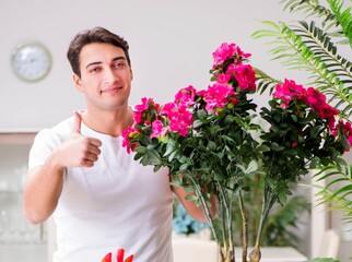 Man taking care of plants at home