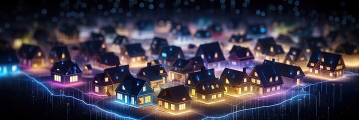 Digital community, smart homes and digital community. DX, Iot, digital network in society concept. suburban houses at night with data transactions