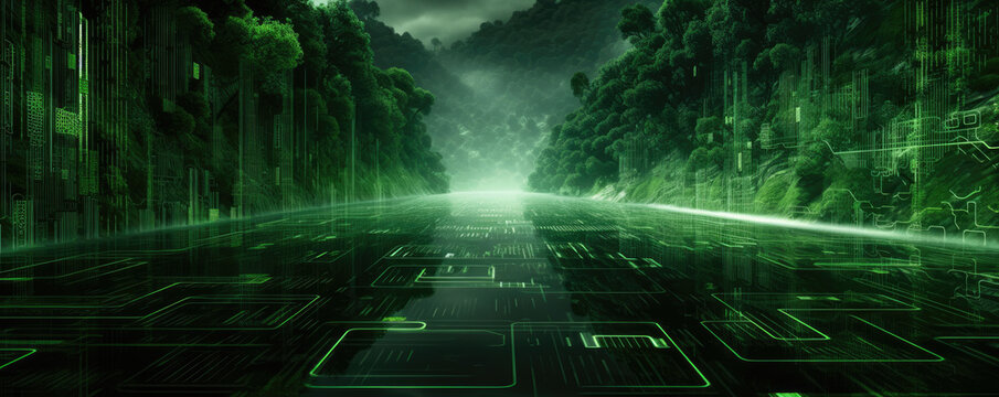 Wide panorama of a digital data stream flowing in a monochromatic green tone