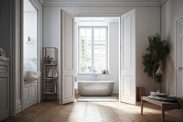 White folding door opening on classic parquet, freestanding bathtub, washbasin, contemporary towel rack, carpet, decors, architect designer concept, minimalist bathroom,. Generative AI