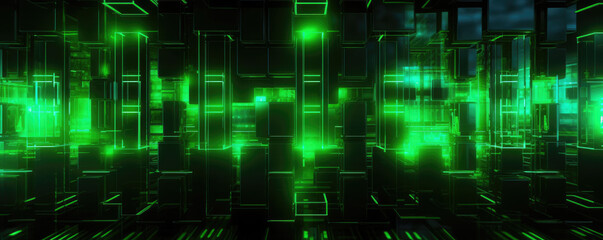 Fototapeta na wymiar Panoramic image of a minimalistic technology pattern in electric, neon green hues
