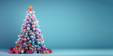 Beautiful festive Christmas background. Christmas tree decorated with balls on a blue background, banner format, copy space. AI generative