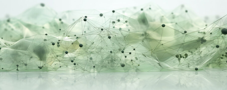 Wide panorama of machine learning network depicted as interconnected nodes against a soft, soothing, pastel green backdrop