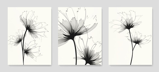 Black and white art background with x-ray style flowers. Botanical hand drawn vector set for decor, print, poster, wallpaper, interior design, invitations, cover.