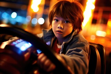 A close - up shot of a young boy, laughing and enjoying the adrenaline rush of a bumper car collision. Generative AI