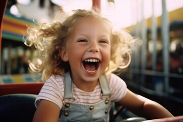 Close-up shot of a little girl laughing and having fun at the amusement park. Generative AI