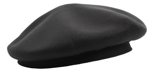 Black french cap beret side view isolated. Generative AI. - obrazy, fototapety, plakaty