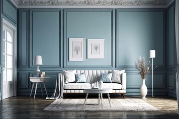 White wooden plank floors, a cozy Scandinavian sofa, and side tables. Empty Blue Walls with a Frame are Perfect for Interior Scene Mockups and Art & Print Mockups. Generative AI