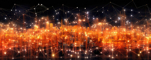 Obraz premium Wide, panoramic visualization of interconnected network nodes against a vibrant, neon amber backdrop
