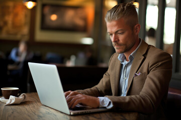 A close - up shot of a businessman using a laptop at a coffee shop. Generative AI
