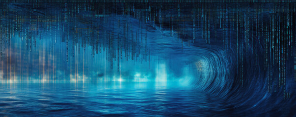 Abstract panoramic visualization of a binary code waterfall in striking, electric cyan hues