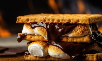 Closeup of melting and gooey S'mores with Marshmallows Chocolate and Graham Crackers, blurred smokey background, Generative AI