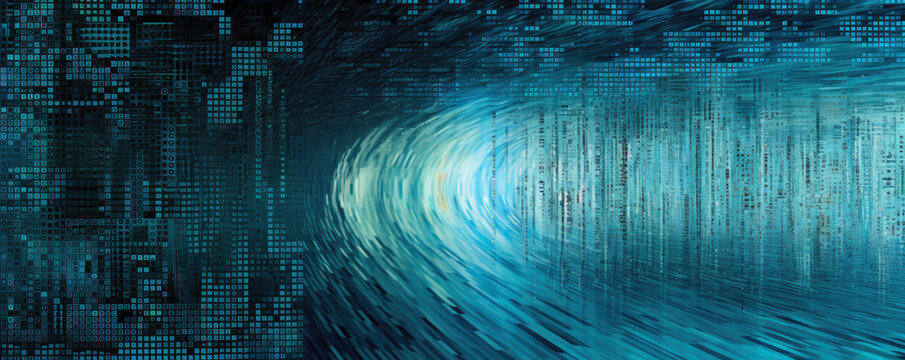 Abstract panoramic display of a digital code stream flowing in a monochromatic, vibrant aqua hue