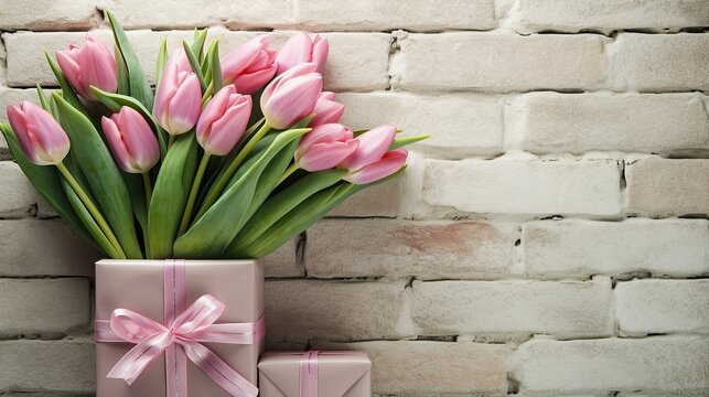Pink tulips and gifts laid out on a floor in front of a brick wall, top view Generative AI